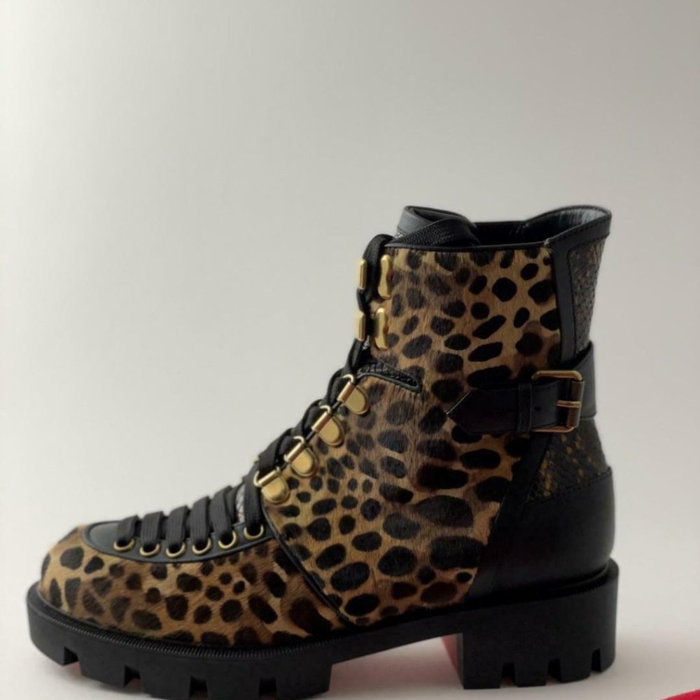 NIB Christian Louboutin MACADEMIA Leopard Pony Lace Up Moto Biker Combat Boots - Picture 5 of 12